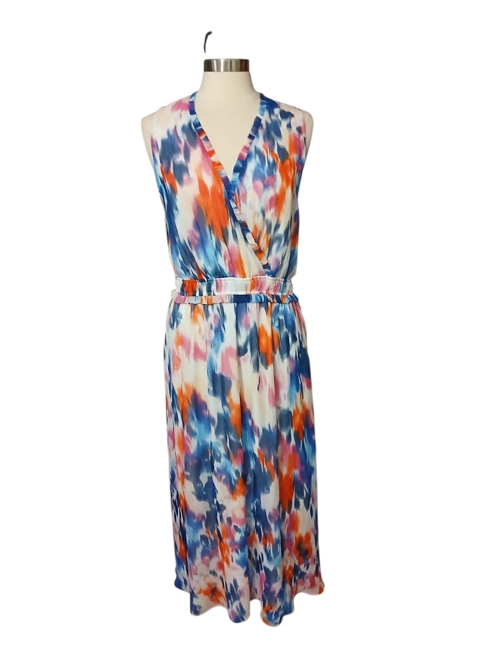London Times | Vibrant Blue Orange Multi-Color Wrap Maxi Dress Size 14
